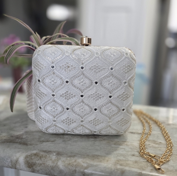 Handbags - White & Gold Embroidered Box Clutch w/ Detachable Chain Strap